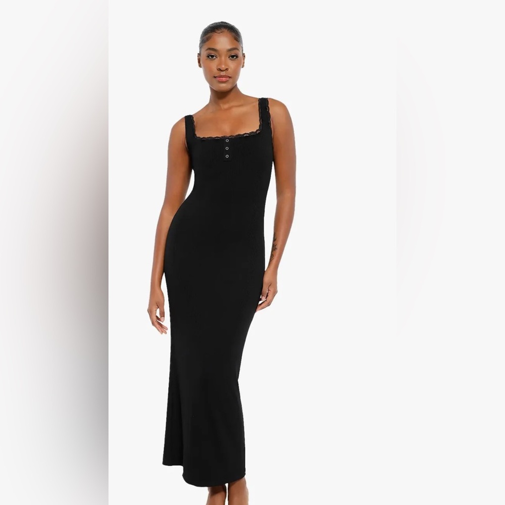 Popilush Shapewear Modal Slimming Lace Trim Henley Tank Maxi Dress